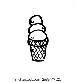 Doodle lineal dibujado a mano de helado en una taza de waffle. Ilustración de contorno minimalista de postre congelado