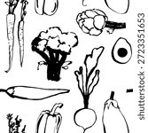 Hand-drawn linear doodle seamless pattern featuring broccoli, artichoke, radish, avocado, carrot, eggplant, and bell pepper. Minimalist outline design perfect for healthy food themes and natural lifestyle projects.