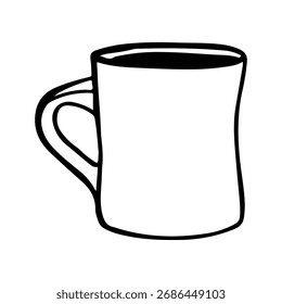 Doodle lineal dibujado a mano de una simple taza de café llena de café. Ilustración de contorno minimalista perfecta para menús de cafetería, temas de café de la mañana y gráficos de bebidas en blanco y negro.