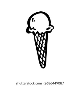 Doodle lineal dibujado a mano de helado suave servido en un cono de waffle. Ilustración de contorno minimalista, perfecto para postres de verano, golosinas congeladas, menús de cafetería
