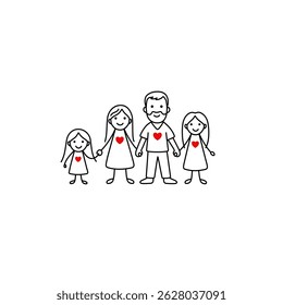 Hand-drawn linear family portrait illustration in a minimalist cartoon style, designed as a cake topper or greeting card.
