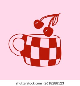 Hand-drawn linear illustration of a cup with cherries. Tea time. Aesthetic, retro cup, vintage. Doodle style. Perfect for posters, postcards, and invitations