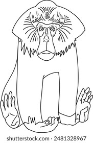 Hand-Drawn Linear Illustration image for coloring book black and white outline minimalistic Mandrill Baboon Monkey Line Clip Art Design Doodle Funny drawing wild animal simple comic style 