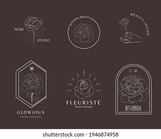 Colección del logo de la flor de rosa lineal dibujada a mano