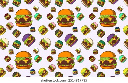 Hand-drawn linear style seamless hamburger pattern for culinary design. Seamless pattern vector illustration. White background