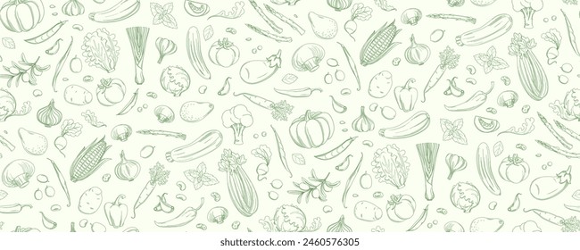 Hand-Drawn Linear Style Seamless Vegetable Pattern for Culinary Designs. Seamless pattern vector illustration. White and green