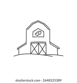 Ícone de celeiro de casamento linear desenhado à mão em estilo minimalista, perfeito para projetos de eventos rústicos e elegantes. Ideal para planejadores, convites, sinalização e modelos digitais. 