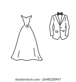 Hand-drawn linear wedding dress icon in minimalist style, perfect for rustic and elegant event designs. Ideal for planners, invitations, signage, and digital templates. 