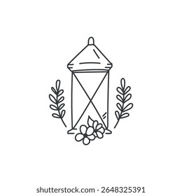 Hand-drawn linear wedding lantern with flowers icon in minimalist style, perfect for rustic and elegant event designs. Ideal for planners, invitations, signage, and digital templates. 