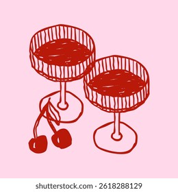 Hand-drawn linear wine and champagne glasses with cherries. Aesthetic, retro, vintage. Doodle style. Perfect for posters, postcards, and invitations