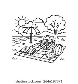 A hand-drawn, lined picnic scene at the beach on a sunny day. A book, picnic basket, and watermelon sit on the blanket under an umbrella near the ocean