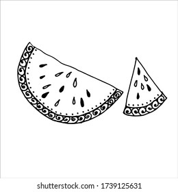 Se puede usar una sandía de línea dibujada a mano usando el doodle para tarjetas y pegatinas. Dibujando sobre un fondo blanco.