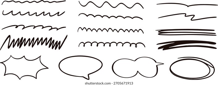 Hand-drawn lines and comic bubbles for sketch-style design. Wavy, scribbled, and bold strokes ideal for creative layouts. Fun outline shapes perfect for notes and illustrations.