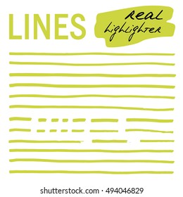 Hand-drawn lines - real highlighters. Green. Vector big set. Isolated on white background. Use for note, illustrations and decorations texts, articles, slideshow etc. Eps 10