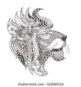 Hand-drawn Lion with ethnic floral doodle pattern. Coloring page - zendala, design for spiritual relaxation for adults, vector illustration, isolated on a white background. Zen doodles.