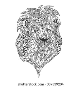 Hand-drawn Lion with ethnic floral  pattern. Coloring page - zendala, design for spiritual relaxation for adults, vector illustration, isolated on a white background. Zendoodles.