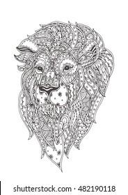Hand-drawn Lion with ethnic floral  pattern. Coloring page - zendala, design for meditation, relaxation for adults coloring, vector illustration, isolated on a white background. Zendoodles.
