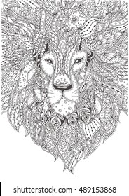 Hand-drawn Lion with ethnic floral  pattern. Coloring page - zendala, design for meditation, relaxation for adults coloring, vector illustration, isolated on a white background. Zendoodles.