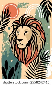 Hand-drawn Lion illustration with foliage and abstract accents on beige background. 