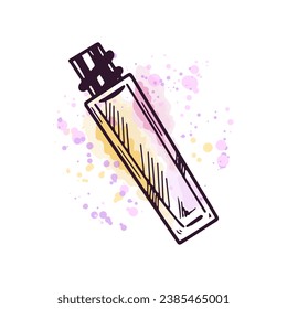Hand-drawn lip gloss, liquid lipstick or liquid eye shadow, beauty cosmetic element, self care. Illustration on a watercolor pastel background with splashes of paint. Useful for beauty salon.