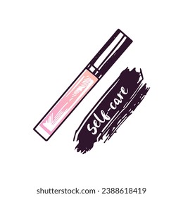 Hand-drawn lip gloss, liquid lipstick or liquid eye shadow, beauty cosmetic element, self care. Illustration for beauty salon, cosmetic store, makeup design. Doodle sketch style. 