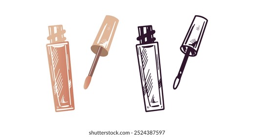 Brillo de labios dibujado a mano, lápiz labial líquido o sombra de ojos líquida, elemento cosmético de belleza, cuidado personal. Ilustración para salón de belleza, tienda de cosméticos, diseño de maquillaje. Estilo de boceto Doodle. 