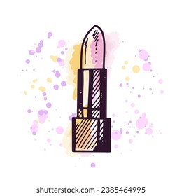 Hand-drawn lipstick, beauty cosmetic element, self care. Illustration on a watercolor pastel background with splashes of paint. Useful for beauty salon, cosmetic store, makeup. Doodle sketch style.