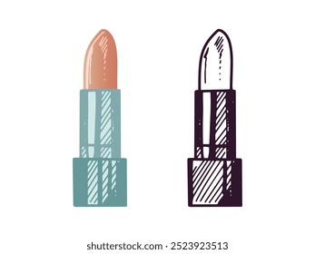 Lápiz labial dibujado a mano, elemento cosmético de belleza, cuidado personal. Ilustración para salón de belleza, tienda de cosméticos, diseño de maquillaje. Estilo de boceto Doodle. 