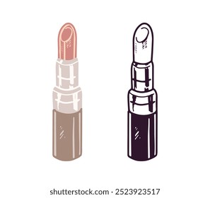 Lápiz labial dibujado a mano, elemento cosmético de belleza, cuidado personal. Ilustración para salón de belleza, tienda de cosméticos, diseño de maquillaje. Estilo de boceto Doodle. 