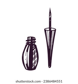 Hand-drawn liquid eyeliner, beauty cosmetic element, self care. Illustration for beauty salon, cosmetic store, makeup design. Doodle sketch style.