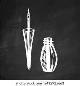 Hand-drawn liquid eyeliner, beauty cosmetic element, self care on chalkboard background. Illustration for beauty salon, cosmetic store. Doodle sketch style.