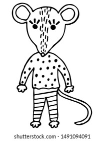 Hand-drawn little cute black and white rat in Scandinavian style on a white background. Children's illustration. Character for a coloring book. Vector.