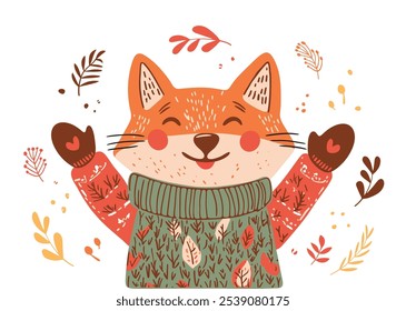 Hand-Drawn Little Fox in Winter Attire