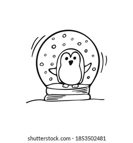 Hand-drawn little penguin. Doodle penguin in a glass ball isolated on white background. Vector illustration
