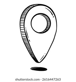 Hand-drawn location pin icon in doodle style. This black and white sketch represents a map pointer used for marking places, GPS, and navigation.