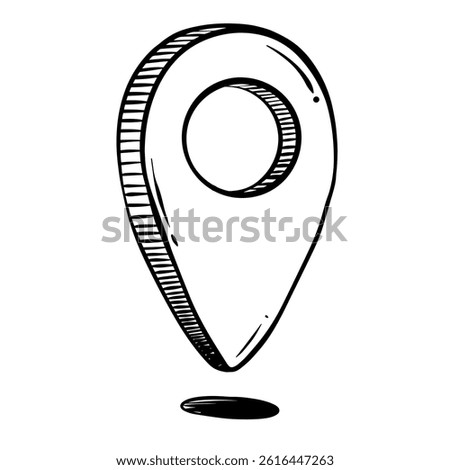Hand-drawn location pin icon in doodle style. This black and white sketch represents a map pointer used for marking places, GPS, and navigation.