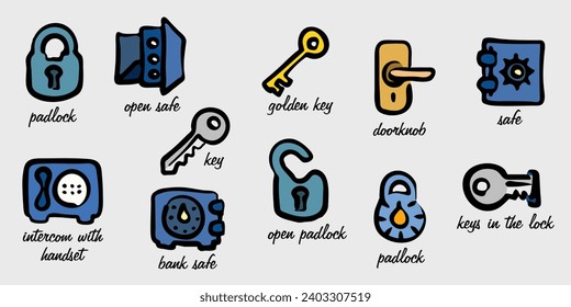 Hand-drawn lock icons. Freehand symbols of safe and padlock. Educational poster with the names