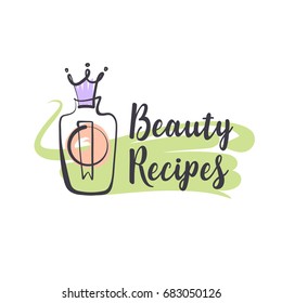 Hand-drawn logo for beauty recipe perfume. Concept template logotype with bottle and crown isolated on white background for boutique, shop, store, market, beauty salon.