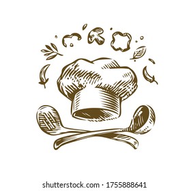 Hand-drawn logo cooking. Vintage vector illustration. Menu design for restaurant and cafe