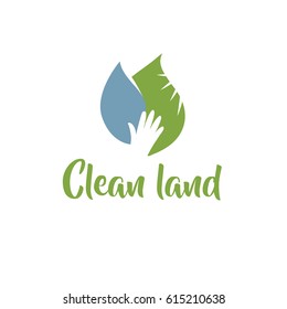 Hand-drawn logo for eco green company. Concept template logotype with leaf and hand isolated on white background. Text clean land. 