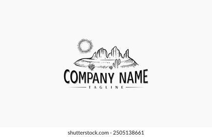 Logo dibujado a mano con un paisaje desértico con un sol, montañas y un cactus.