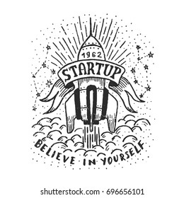 Hand-drawn logo with a flying rocket. Startup careless emblem.