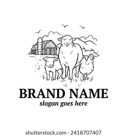  Handdrawn logo with goat, chicken, and pork. Animal logo vector for farmhouse.

