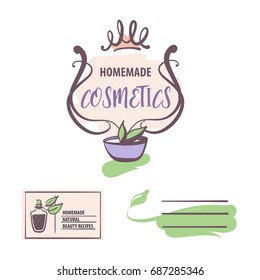 Hand-drawn logo for handmade cosmetic product. Concept template logotype with water drop, flower, dish with leaf isolated on white background for boutique, shop, store, market, beauty salon.