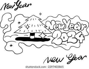 Hand-drawn logo Happy New Year 2024. Postcard. Monochrome image.