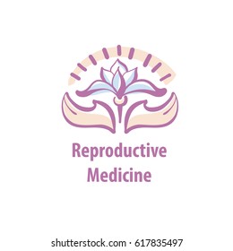 Hand-drawn logo for reproductive medicine center. Concept template logotype with flower and hand isolated on white background.