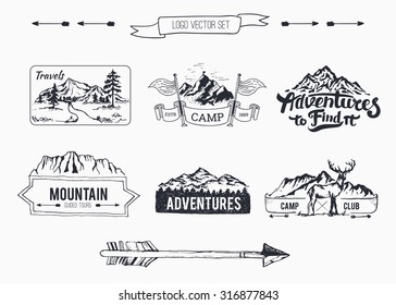 Hand-Drawn logo set collection 
Retro set label of outdoor company, camping, wilderness adventure. Old style elements, mountain, lettering, ribbon banner