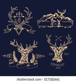 Hand-Drawn logo set collection 
Retro set label of outdoor company, camping, wilderness adventure. Old style elements, mountain, lettering, ribbon banner