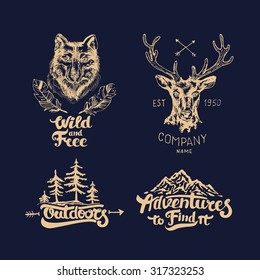 Hand-Drawn logo set collection 
Retro set label of outdoor company, camping, wilderness adventure. Old style elements, mountain, lettering, ribbon banner