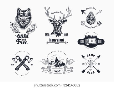 Hand-Drawn logo set. Retro collection of outdoor company, camping, adventure labels. Old style elements, mountain, lettering, ribbon banner